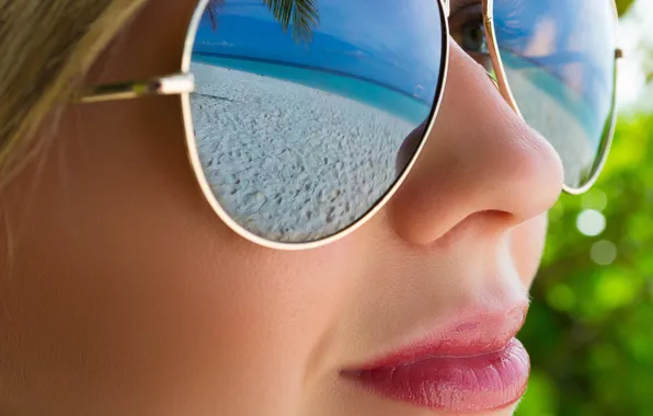 Пляж, девушка, лицо, отражение, очки