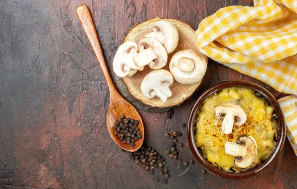 Грибы, перец, шампиньоны, картофельное пюре