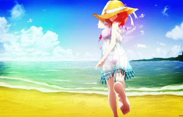 Море, пляж, девушка, аниме, art, Hataraku Maou-sama!