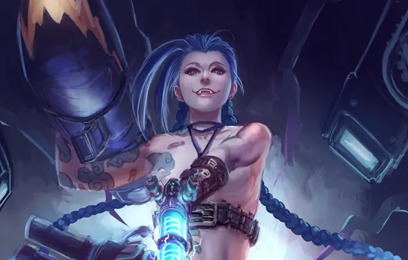 Девушка, оружие, арт, татуировки, League of Legends, LoL, Jinx, насмешка