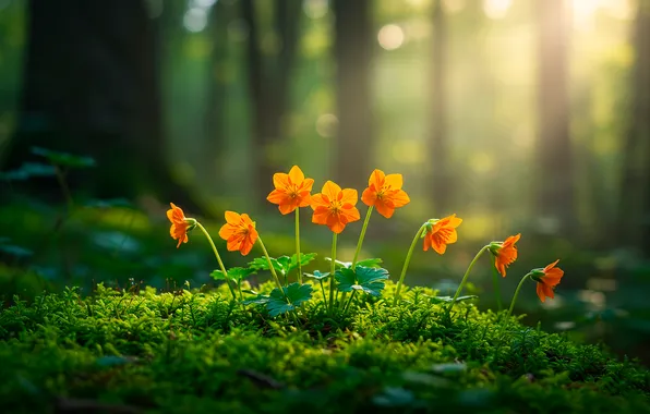 Лес, солнце, цветы, мох, forest, flowers, sun, боке