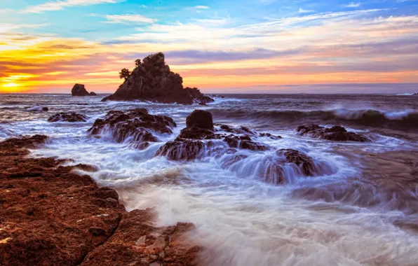 Море, волны, небо, пейзаж, закат, камни, скалы, берег