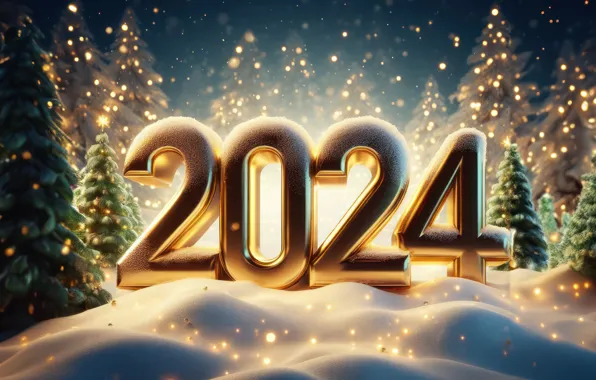 Картинка цифры, Новый год, golden, winter, snow, decoration, numbers, New year