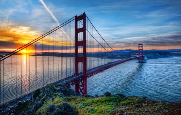 Картинка небо, вода, закат, Калифорния, Золотые Ворота, США, Golden Gate Bridge, Сан Франциско