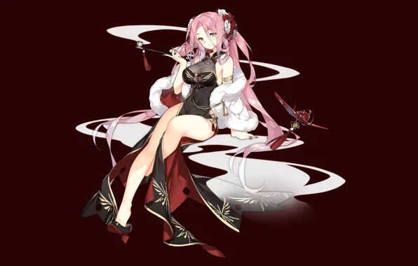 Girl, sexy, cleavage, pink hair, long hair, dress, boobs, anime