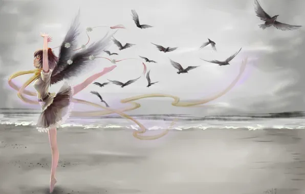 Картинка море, вода, девушка, птицы, берег, крылья, шарф, арт
