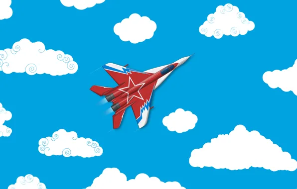 Облака, Минимализм, Самолет, Истребитель, Россия, Арт, Вид сверху, МиГ-29