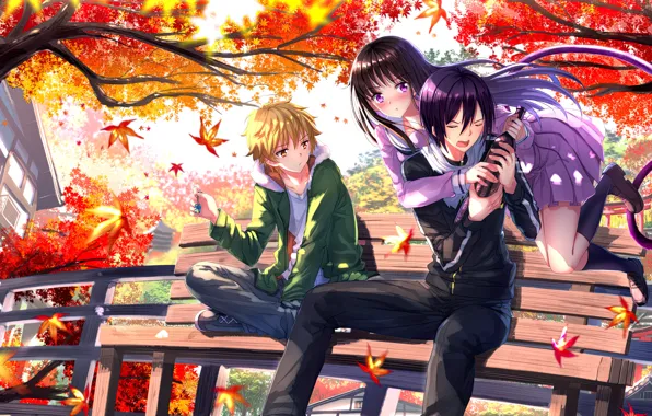 Картинка осень, листья, девушка, аниме, арт, парни, swordsouls, noragami