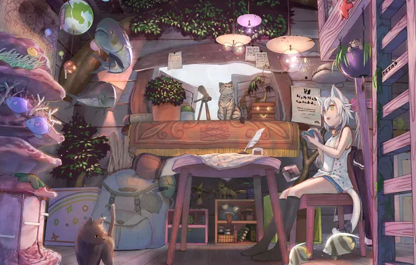 Картинка девушка, рыбы, лампы, коты, растения, аниме, арт, хвост