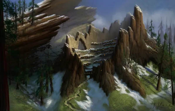 Картинка лес, снег, дерево, пень, дома, деревня, арт, world of warcraft