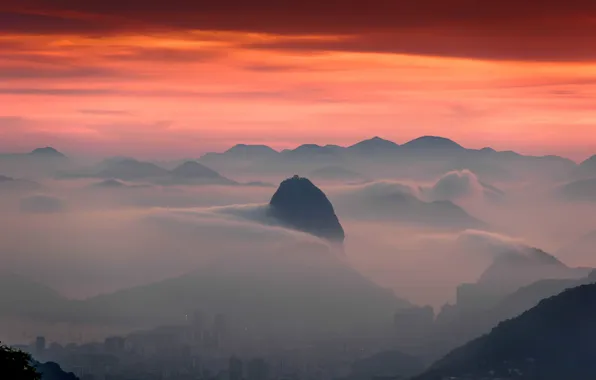 Горы, туман, сумерки, Бразилия, Рио-де-Жанейро, Сахарная Голова