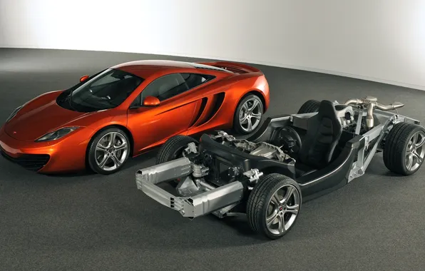 Картинка оранжевый, фон, McLaren, суперкар, MP4-12C, передок, каркас, внутренности