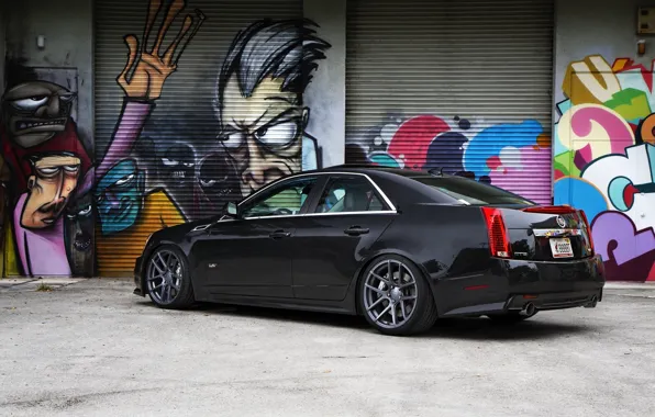 Чёрный, Cadillac, графити, black, CTS-V, кадилак