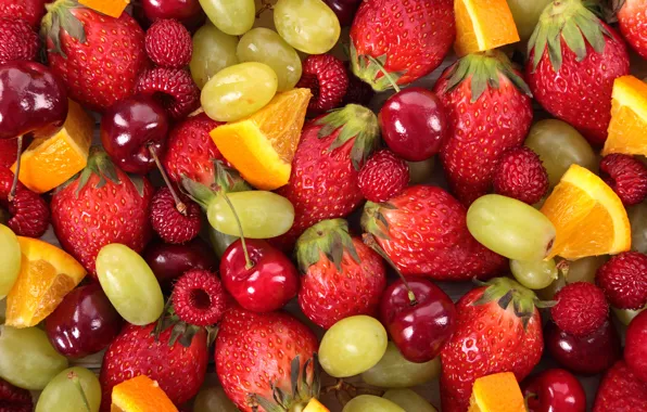 Картинка ягоды, малина, апельсин, клубника, виноград, фрукты, черешня