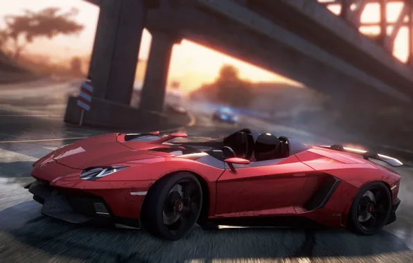 Дорога, мост, гонка, занос, спорткар, Aventador J, need for speed most wanted 2012