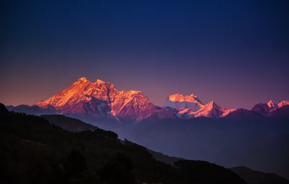 Картинка небо, деревья, горы, вечер, синее, Гималаи, Непал