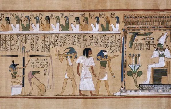 Drawing, writing, parchment, hieroglyphics, Ancient Egypt, judgement of the dead in the presence of Osiris