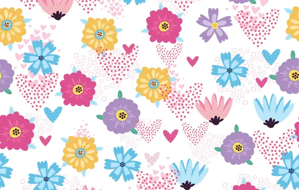 Текстура, сердечки, белый фон, flowers, pattern, hearts, Seamless