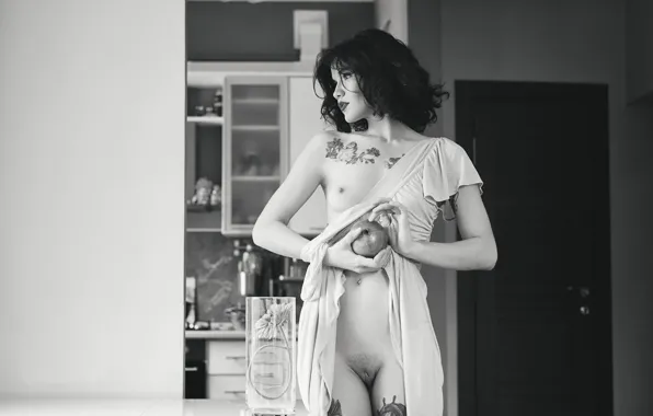Грудь, девушка, рисунок, голая, тату, фотограф, кухня, соски
