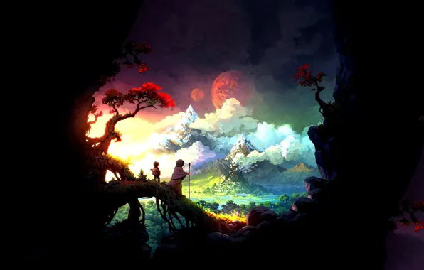 Облака, горы, долина, черный фон, двое, mountains, clouds, two