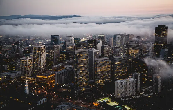 Картинка зима, город, туман, США, Сан Франциско