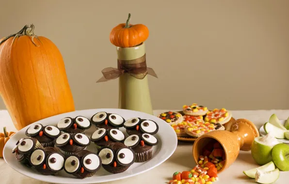 Картинка яблоки, печенье, тарелка, Halloween, тыква