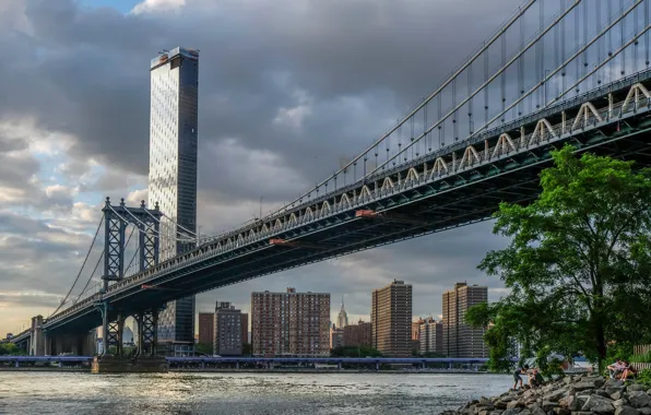 Мост, пролив, здания, Нью-Йорк, New York City, небоскрёб, Manhattan Bridge, Манхэттенский мост