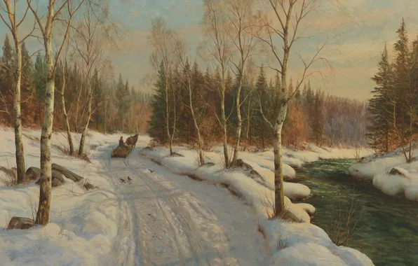 Датский живописец, 1919, Петер Мёрк Мёнстед, Peder Mørk Mønsted, Danish realist painter, Sleigh ride on …