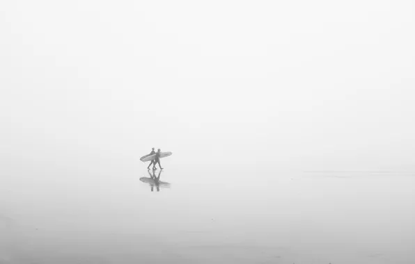 Картинка туман, отражение, зеркало, серферов