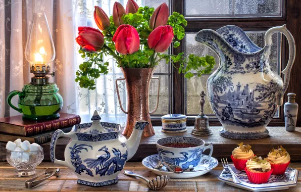 Цветы, стиль, чай, книги, лампа, окно, чаепитие, тюльпаны