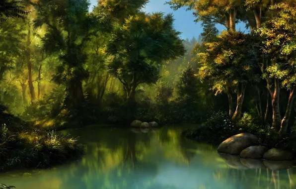 Картинка лес, вода, камни, болото, чаща, арт