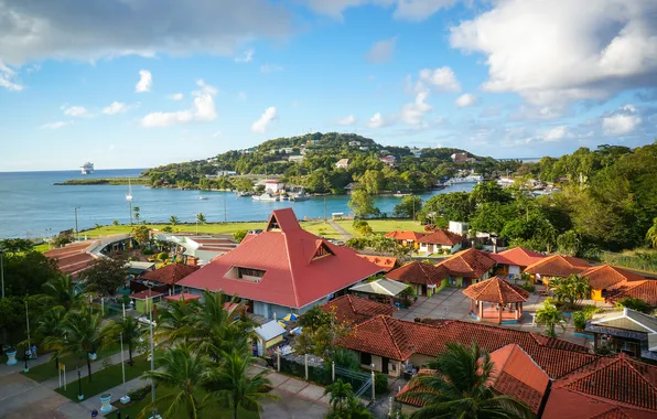 Пейзаж, пальмы, побережье, панорама, домики, Карибское море, Saint Lucia, Сент-Люсия