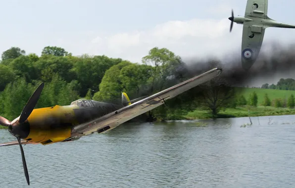 Рисунок, истребитель, spitfire, самолёты, bf-109