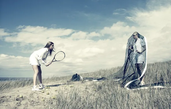 Девушки, сетка, мячи, ракетка, теннис