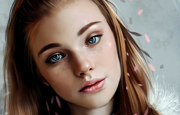 Girl, art, blue eyes, lips, face, redhead, digital art, artwork