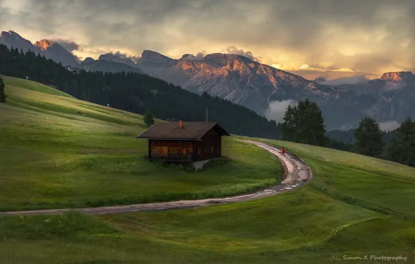 Дорога, лес, закат, горы, природа, домик, Simon W