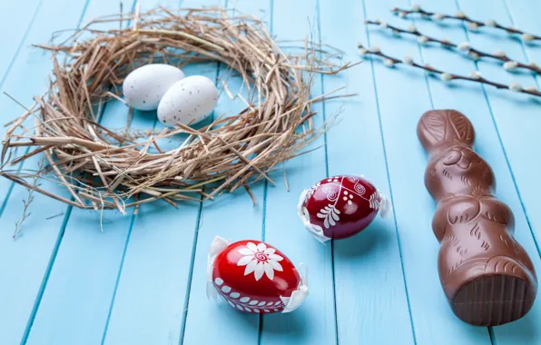 Картинка шоколад, яйца, colorful, кролик, конфеты, Пасха, wood, верба