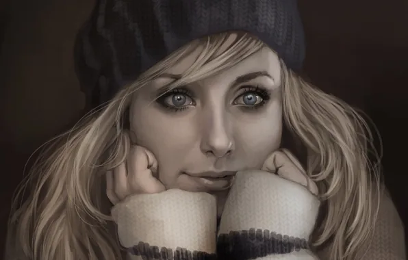 Девушка, лицо, шапка, арт, блондинка, голубые глаза, кофта
