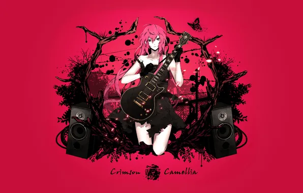 Music, guitar, Megurine Luka, loudspeaker, Crimson Camellia