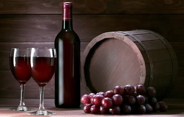 Картинка вино, красное, бутылка, бокалы, виноград, гроздь, бочка, деревянная