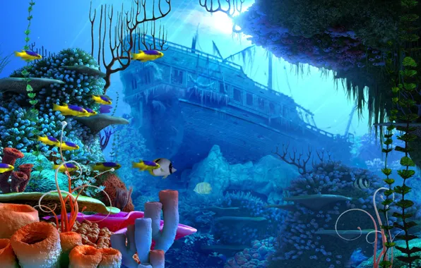 Картинка boat, coral, under the sea, marine transport
