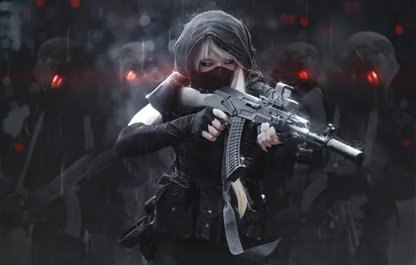 Картинка gun, soldier, red eyes, women, cosplay, darkness, girls with guns, screenshot