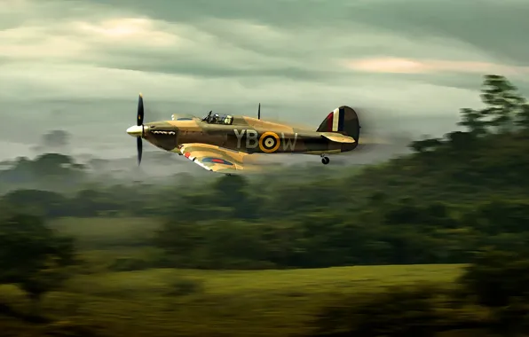Рисунок, арт, Hurricane, перехватчик, Hawker, британский одноместный истребитель, Hawker Aircraft Ltd.
