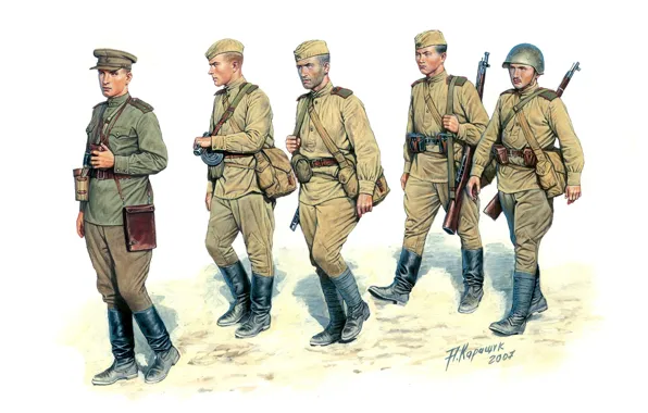 Картинка оружие, рисунок, солдаты, мужчины, пехота, Красная армия