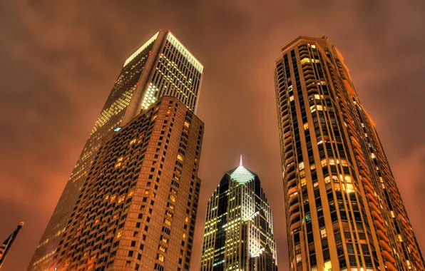 Night, Skyscrapers, Orange sky