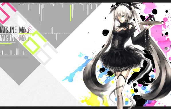 Чулки, кляксы, корсет, vocaloid, черное платье, Hatsune Miku, длинные волосы, вокалоид