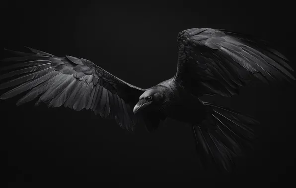 Птица, black & white, крылья, черно-белое, ворон, raven, wings, nocturnal