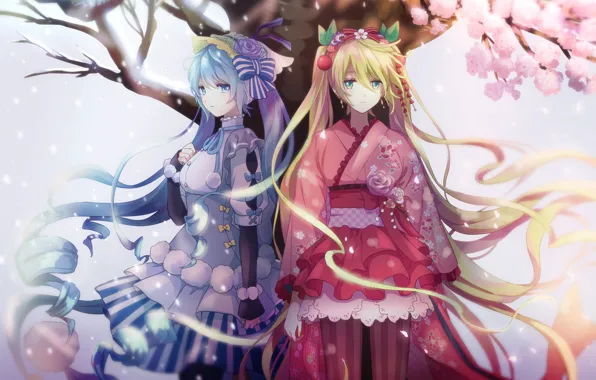 Снег, цветы, дерево, лепестки, платье, vocaloid, hatsune miku, anime