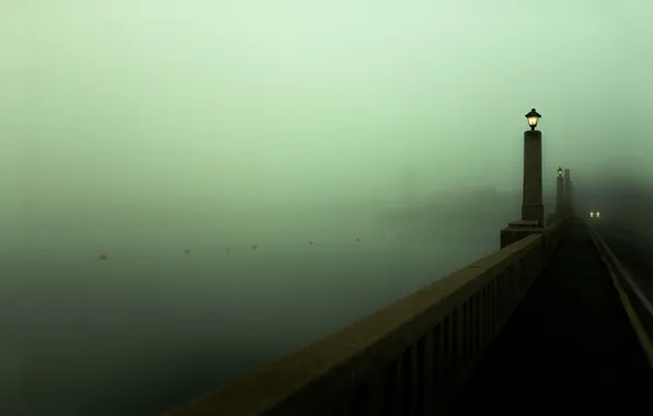 Картинка мост, город, туман, река, Шотландия, фонари, Уотерфорд
