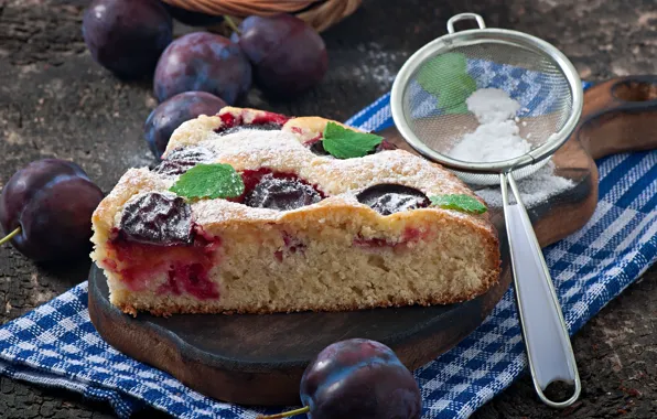 Пирог, сливы, выпечка, ситечко